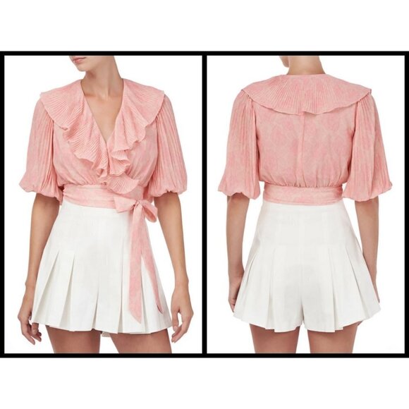💕AMUR💕 Naya Ruffled Wrap Top Lemon Peach Rose Lace Small Puff Sleeve Crop Top